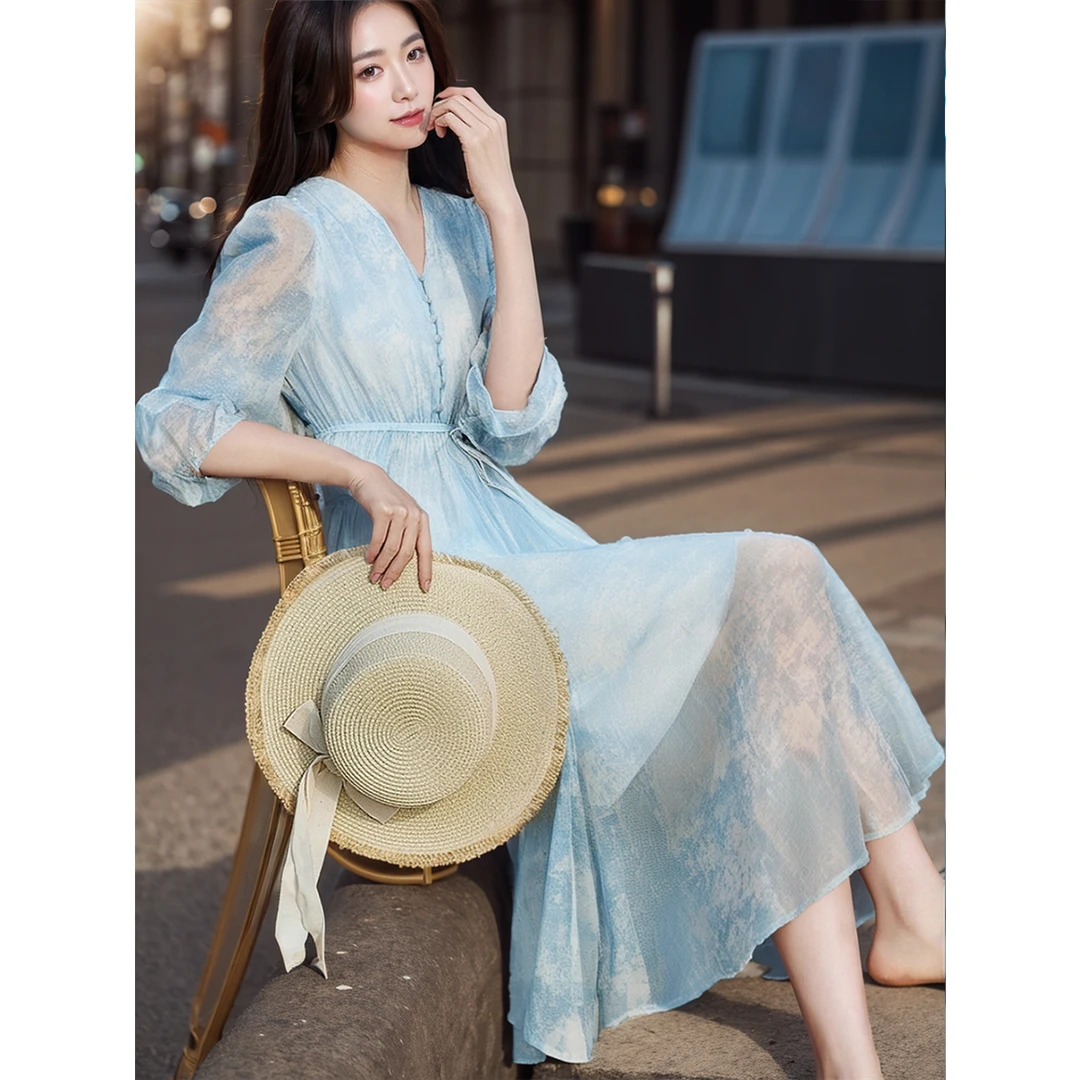 *梵希蔓含莱赛尔薄款连衣裙优雅V领中长A字裙M6703