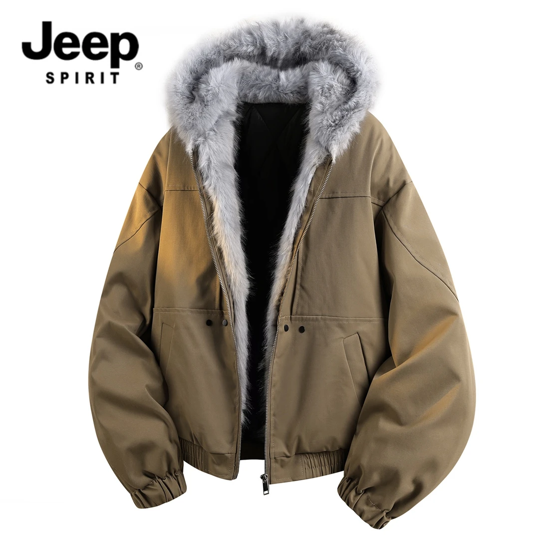 吉普时尚百搭毛领连帽夹克男青年秋冬加厚保暖工装棉服外套潮流