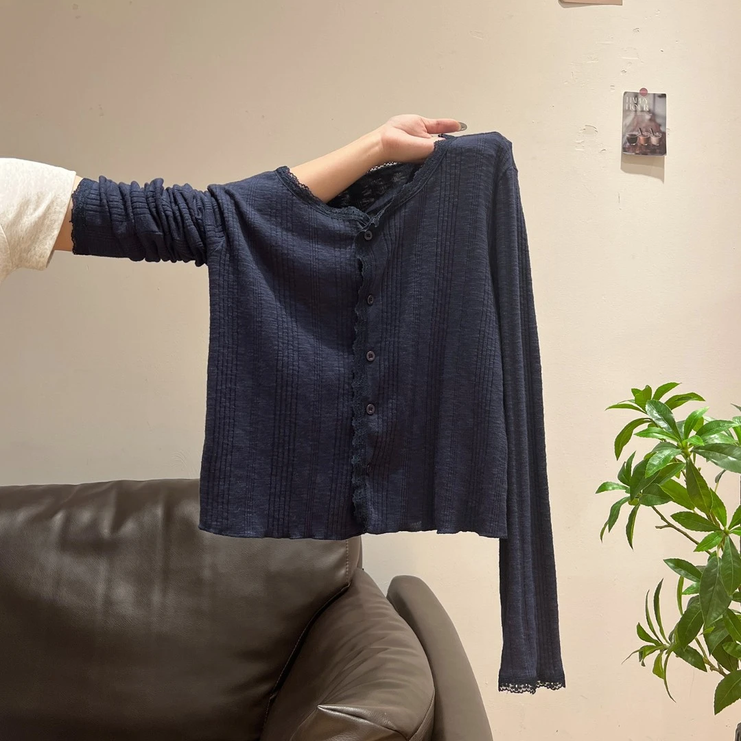 蕾丝拼接开衫长袖上衣女2025秋季新款温柔风百搭小衫