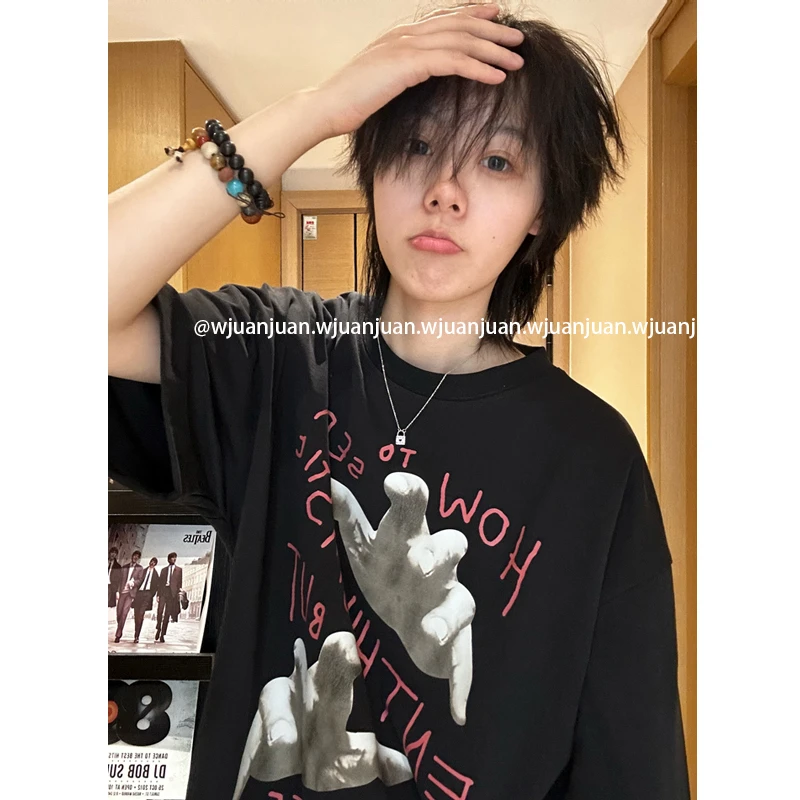 『WJUANJUAN』hiphop嘻哈高街印花纯棉短袖t恤2025夏美式ins风半袖