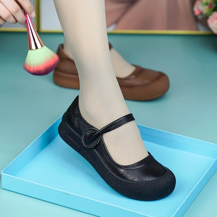 6878真皮舒适简约女鞋牛皮圆头平底浅口一字带魔术贴休闲单鞋
