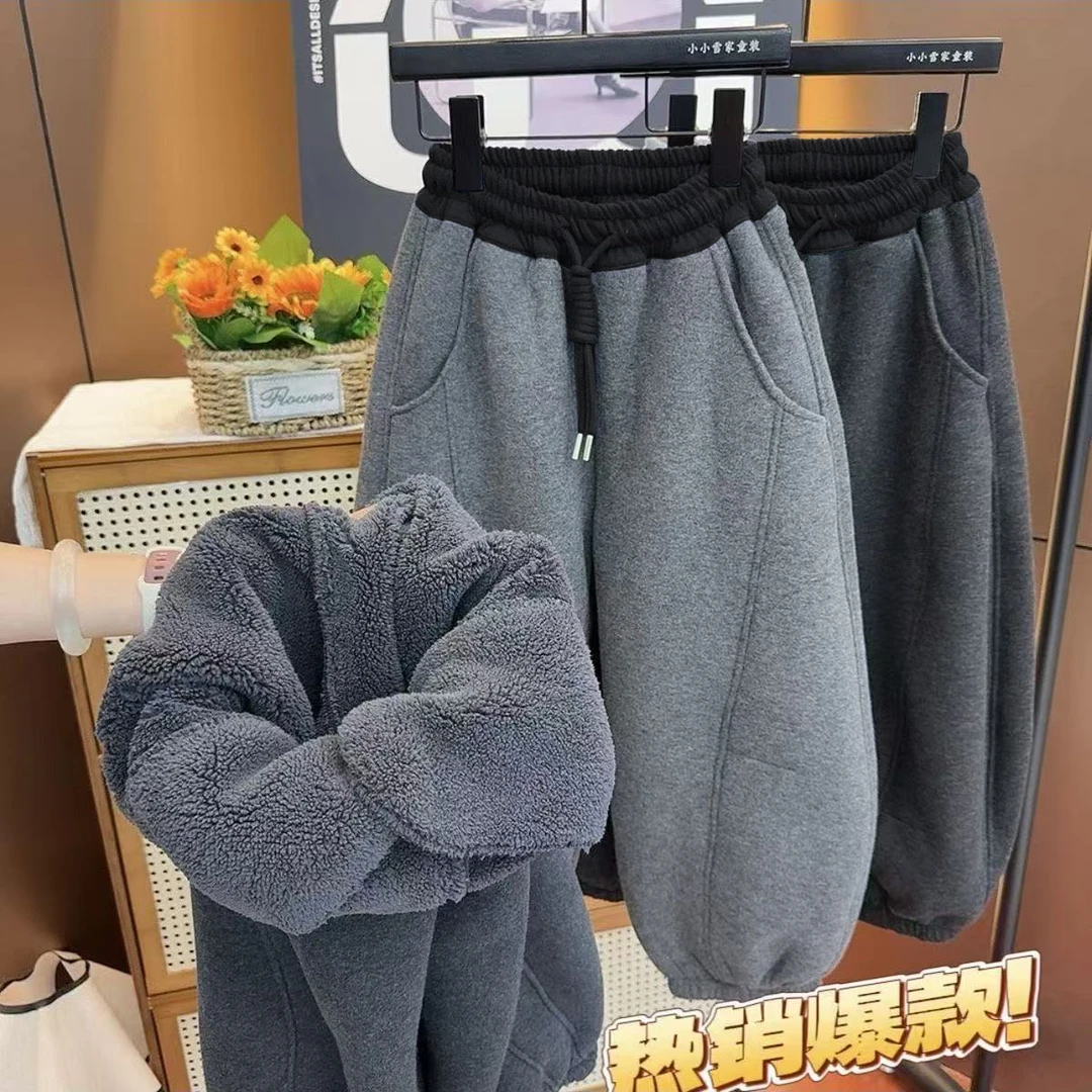 儿童装秋冬时髦洋气糯米绒休闲裤子中大男女童加绒厚弯刀束脚裤