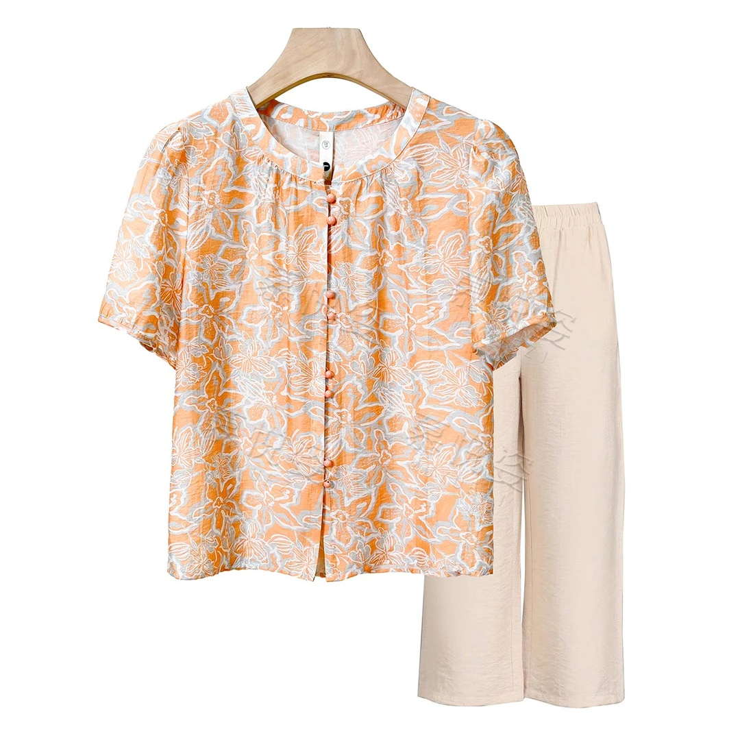 中年妈妈装夏季2025新款洋气短袖中老年时尚印花大码衬衣套装