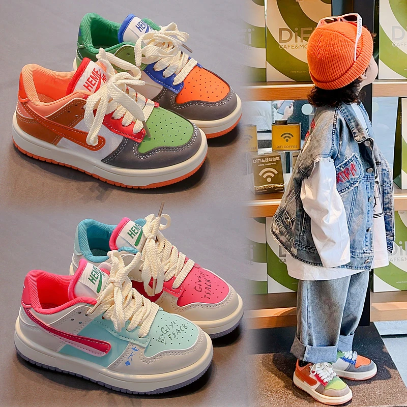 ABC秋季低帮板鞋男女大童休闲运动皮面系带透气鸳鸯拼色女童鞋子