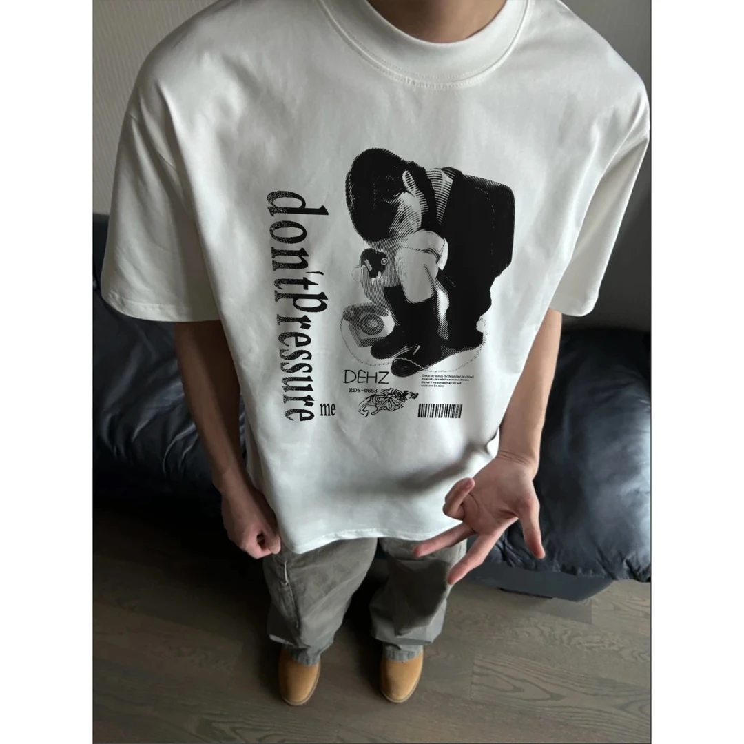 100%纯棉320克重磅美式休闲百搭情侣夏季复古宽松印花小众短袖ins