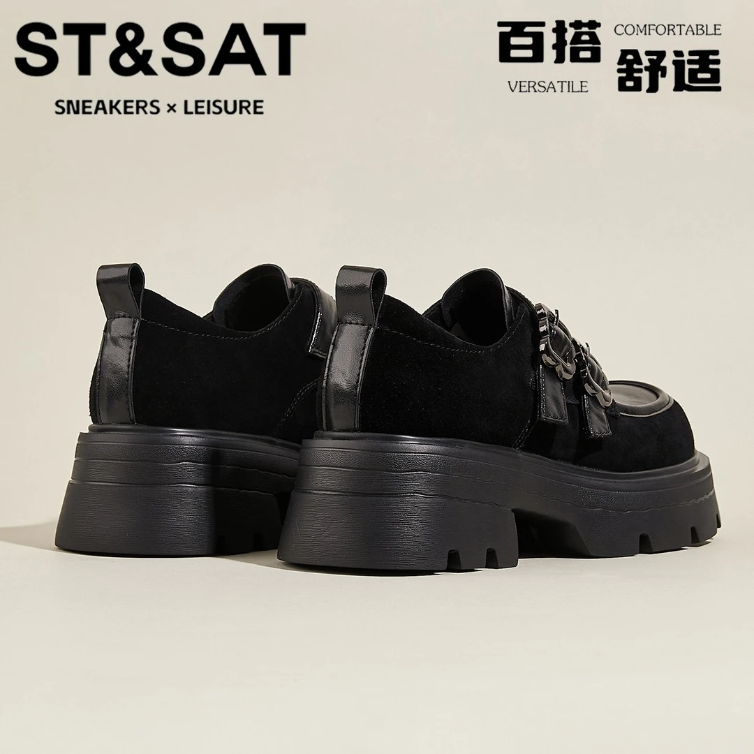 星期六真皮英伦风纯色百搭乐福鞋女粗跟增高小皮鞋2025新款休闲鞋