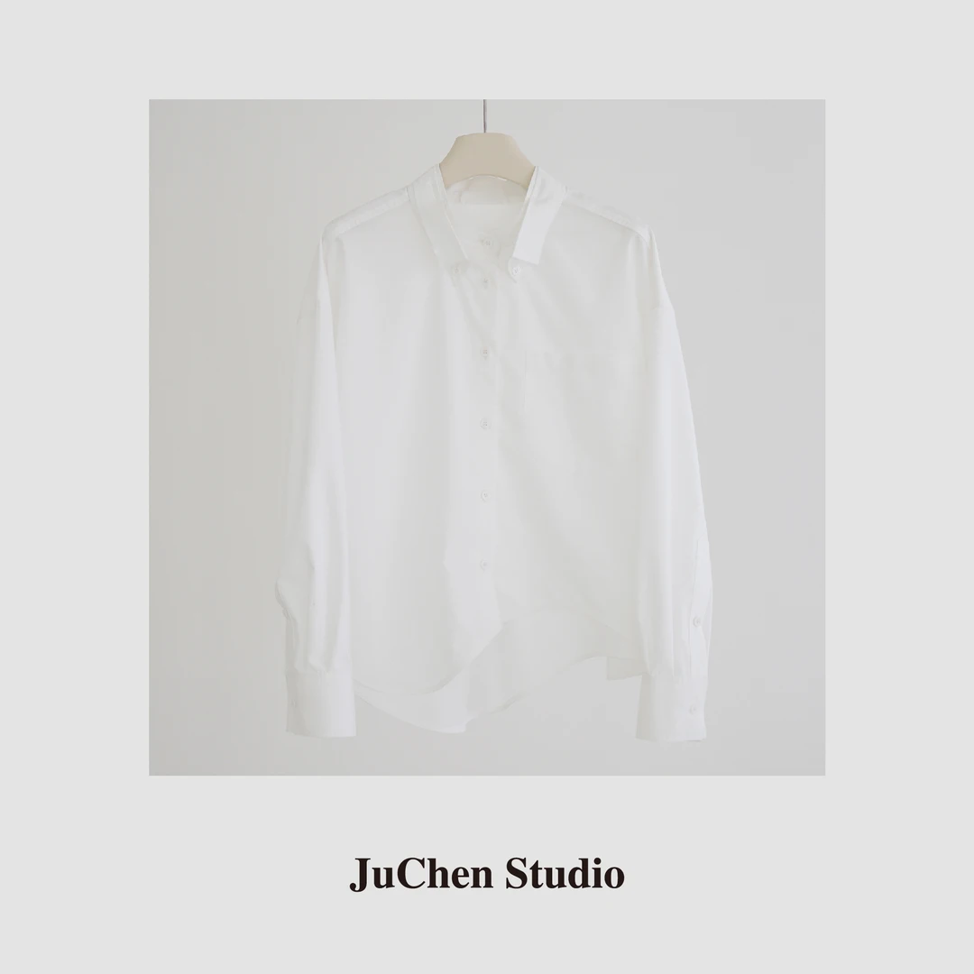 不规则下摆双领设计感 慵懒宽松白色长袖衬衫女 2304967小众纯色