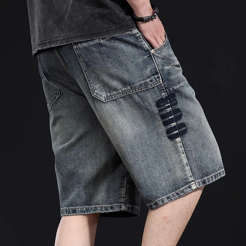 法国Cebrodz美式复古牛仔短裤男水洗五分裤莱赛尔天丝刺绣