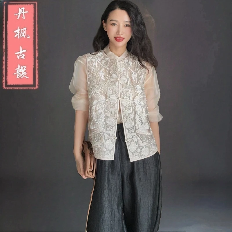 衣年纯品夏季双层欧根纱重工刺绣马夹圆领对襟混搭新中式背心坎肩