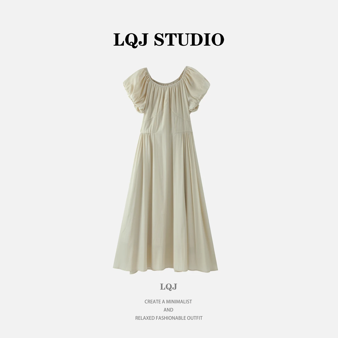 纯色夏季温柔V领甜辣风长裙宅泡泡袖森系连衣裙  YA25214L023