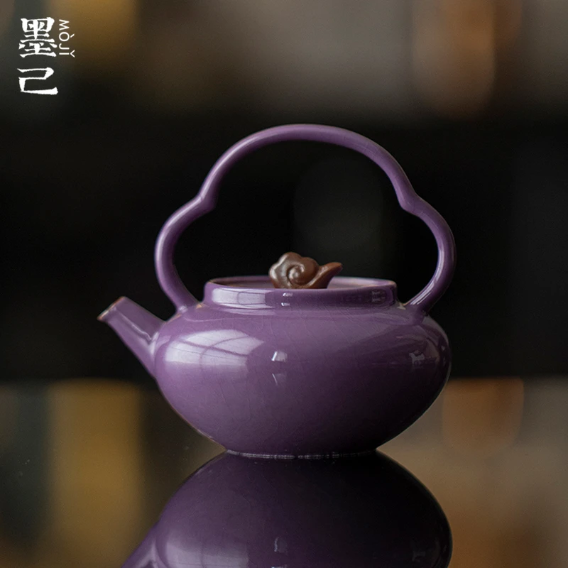墨己紫色仿汝泡茶壶功夫茶具可开片提梁壶家用陶瓷球孔过滤单壶