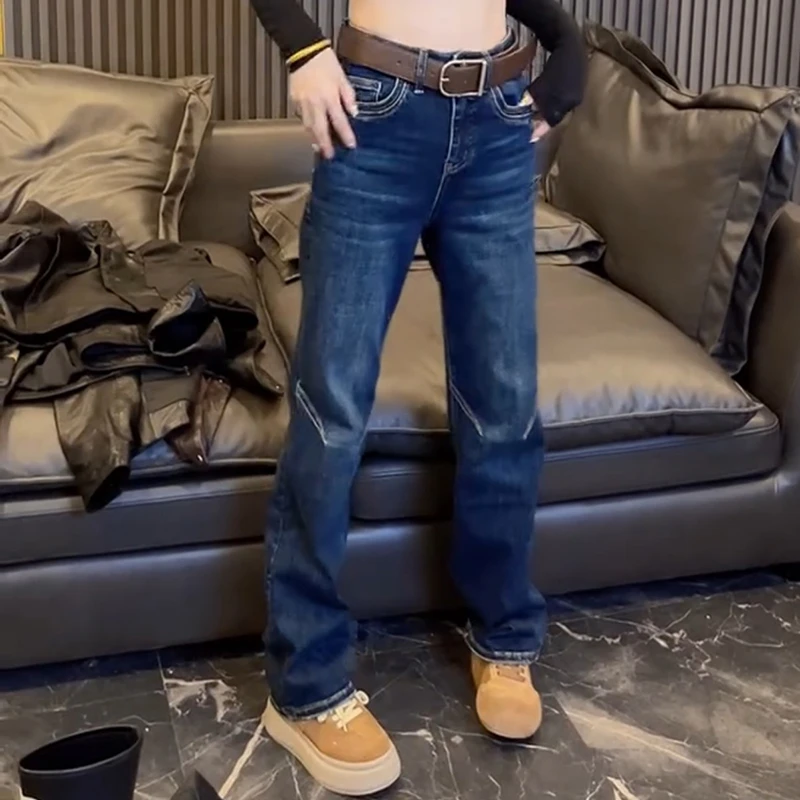窄版阔腿裤牛仔裤长裤女高腰常规直筒大码弯刀裤蓝色百搭弹力显瘦