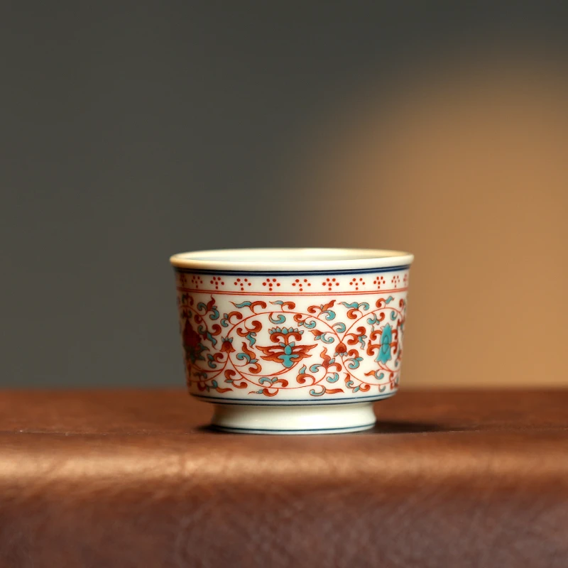 陶瓷茶杯主人杯复古中式苏打烧缠枝莲小马蹄杯对杯情侣杯闺蜜杯