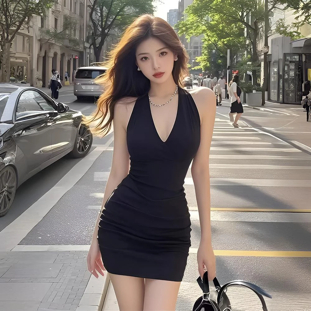 黑色挂脖连衣裙2025新款今年流行爆款女春装独特漂亮气质包臀裙子