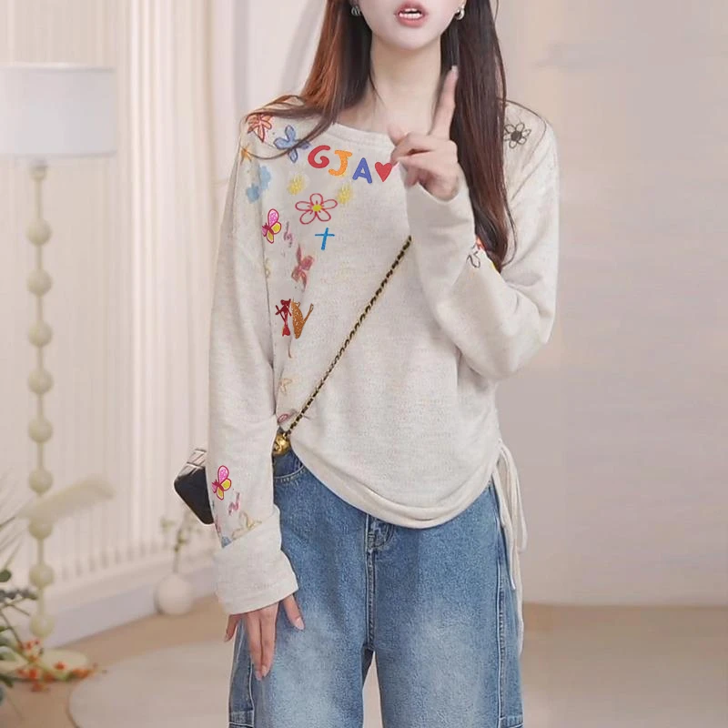 彩色涂鸦刺绣慵懒氛围感不规则抽绳薄款针织上衣服2025早秋百搭