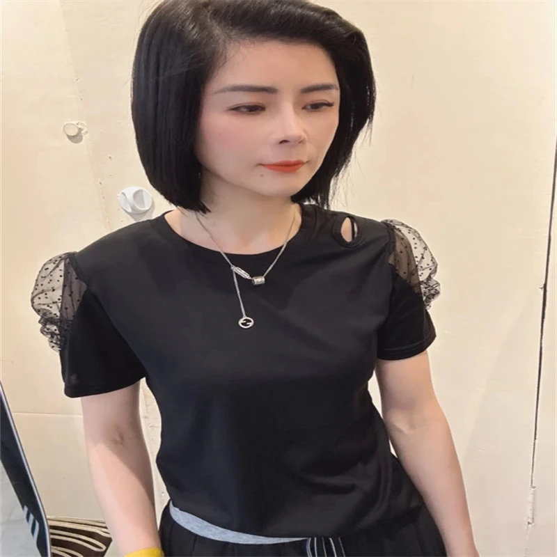 【娟子】新款镂空网纱拼接泡泡袖短袖T恤