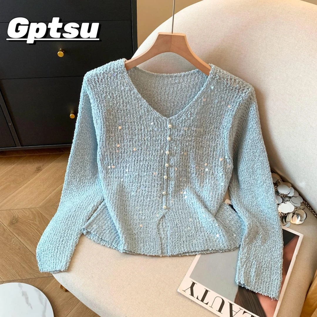 GPTSu法式轻奢亮片钉珠针织衫早秋韩系穿搭软糯领内搭高级感上衣
