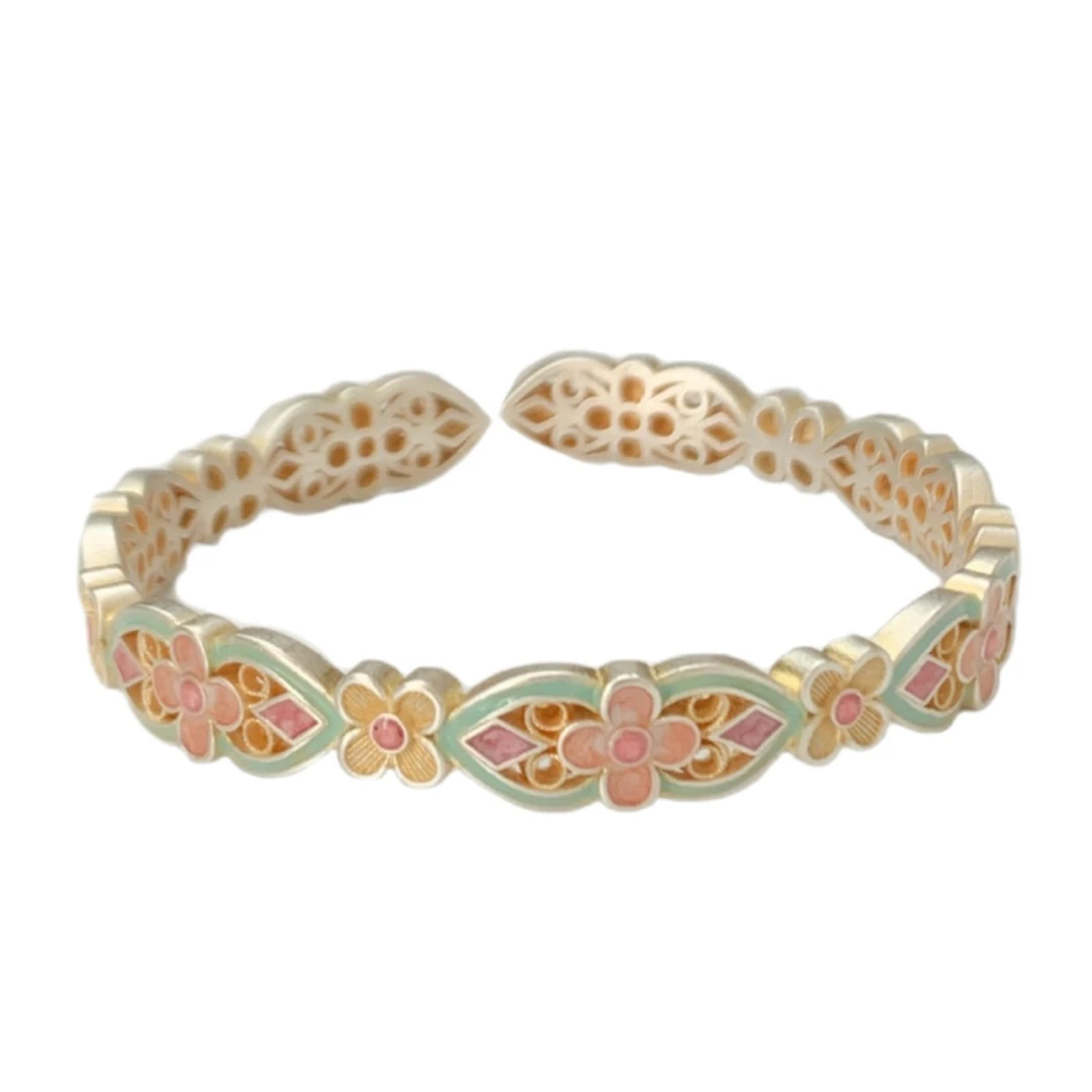 足银手镯 花满筑国风新中式宫廷复古足银999.9珐琅彩重工手镯百搭