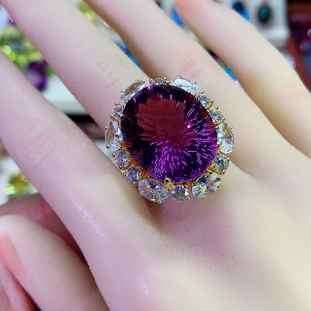 水晶戒指银S925镀金镶嵌