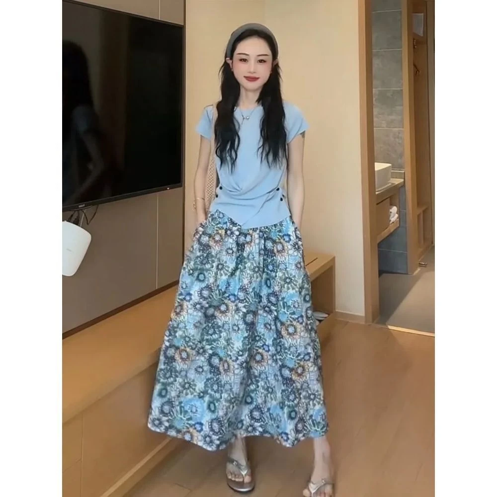 设计感圆领收腰短袖针织衫+半身裙两件套女2025春夏新款时尚