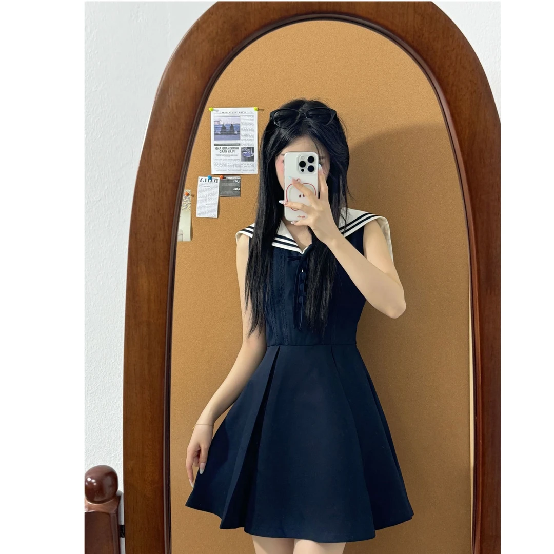 学院风海军领无袖连衣裙2025夏季新款小个子气质超好看木耳边裙子
