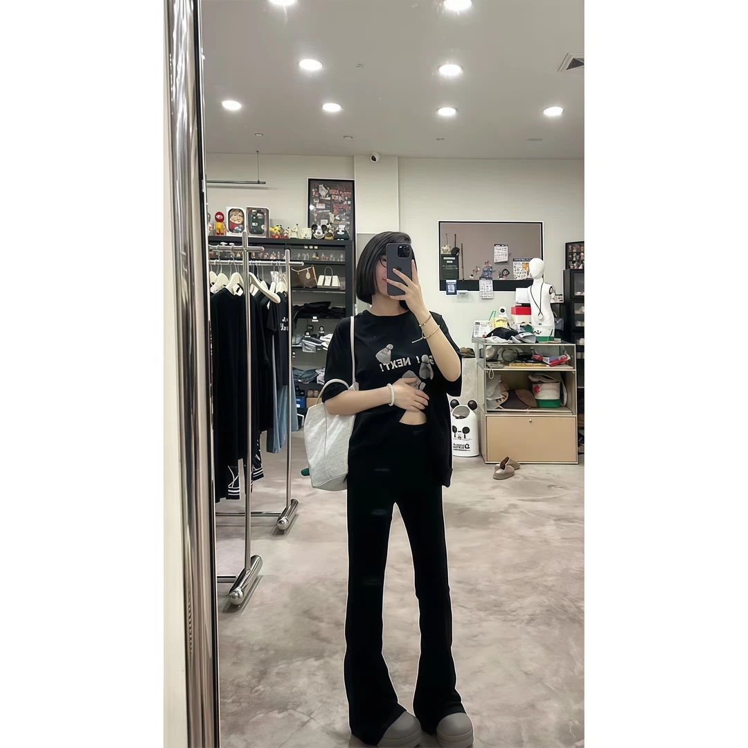 2025夏季欧美风洋气印花设计圆领半袖上衣高腰显瘦百搭休闲微喇裤