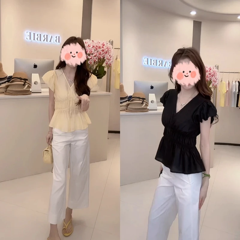 2025夏季韩版纯色褶皱收腰V领小衫直筒阔腿高腰休闲裤减龄两套装