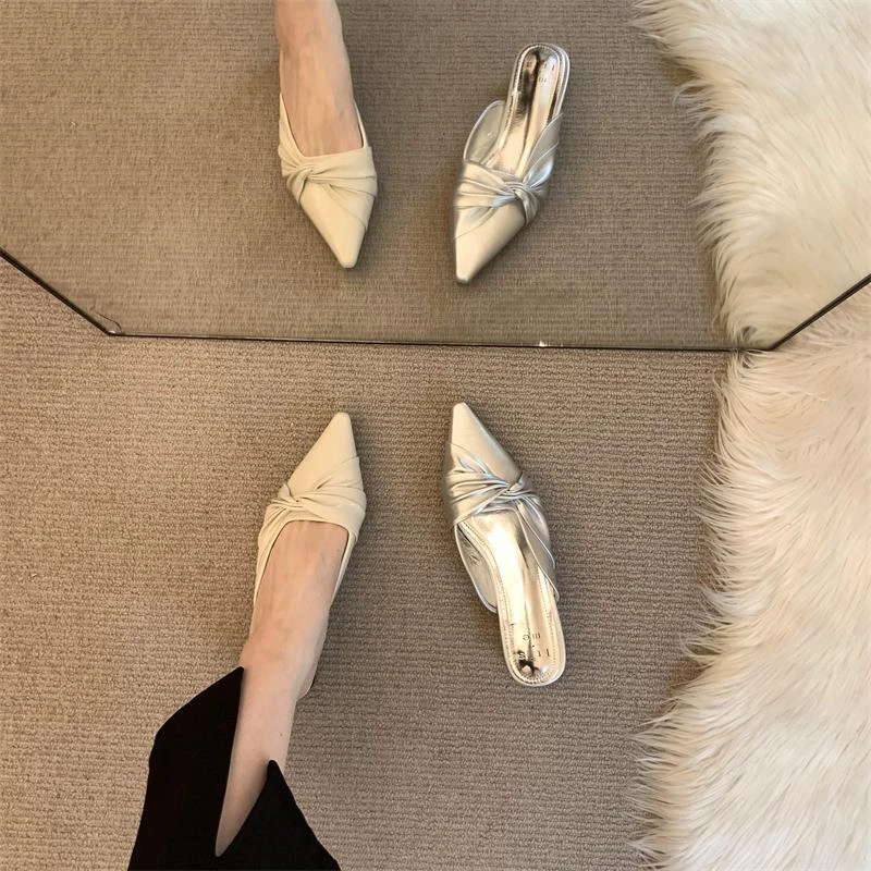 法式一脚蹬包头半拖鞋外穿女鞋夏季粗跟配裙子气质浅口尖头单鞋女