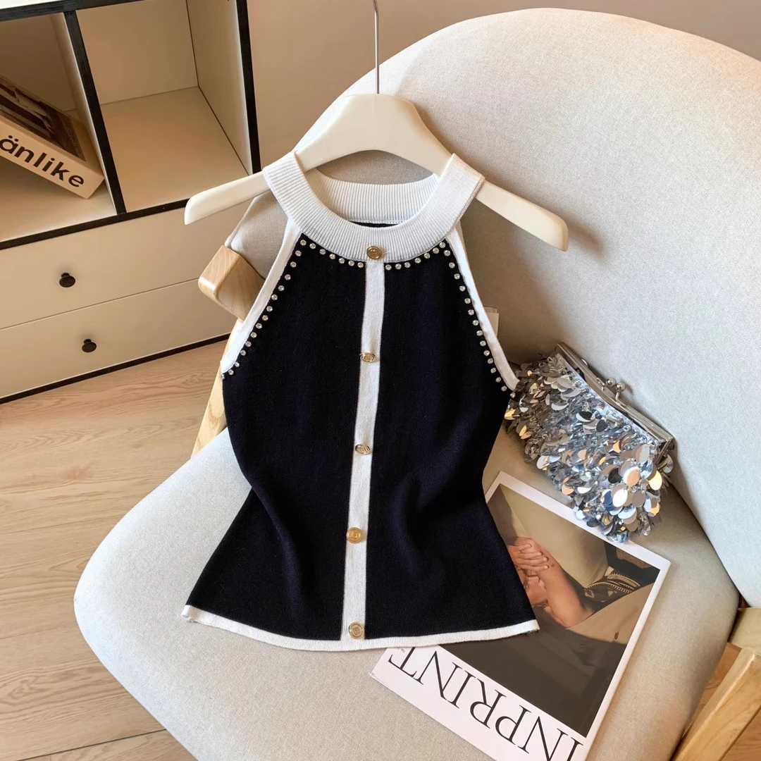 小香风设计感拼色镶钻无袖挂脖背心女夏季小金扣修身显瘦露肩上衣
