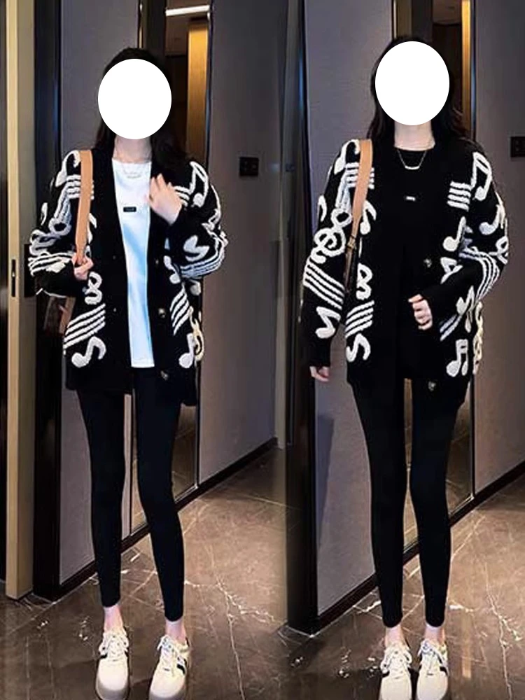 慵懒风时尚中长款针织衫女秋冬季毛衣开衫外套黑色长袖上衣外套潮