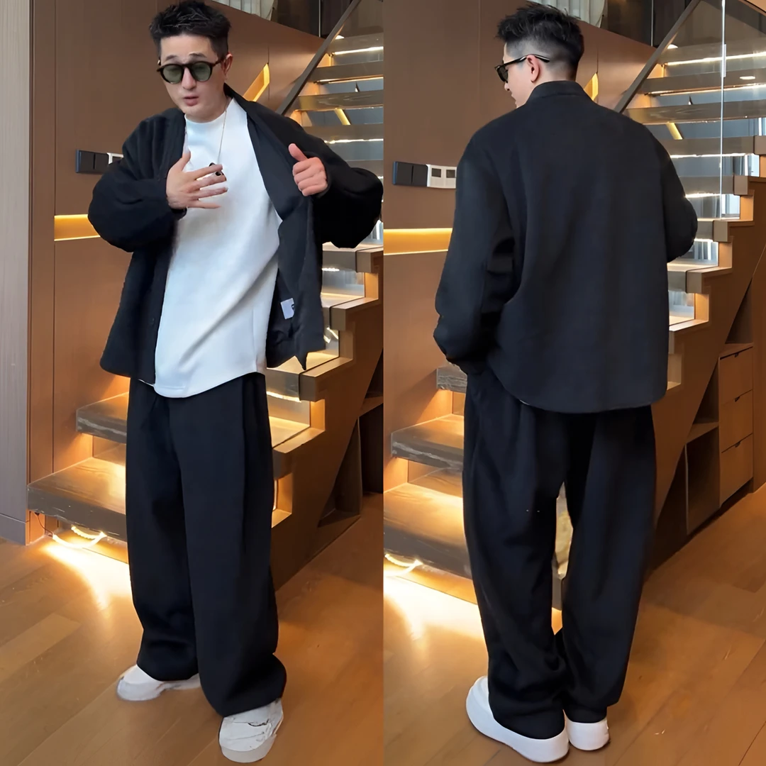 松弛风简约廊形休闲套装男士秋冬新款高档毛呢开衫外套长裤两件套