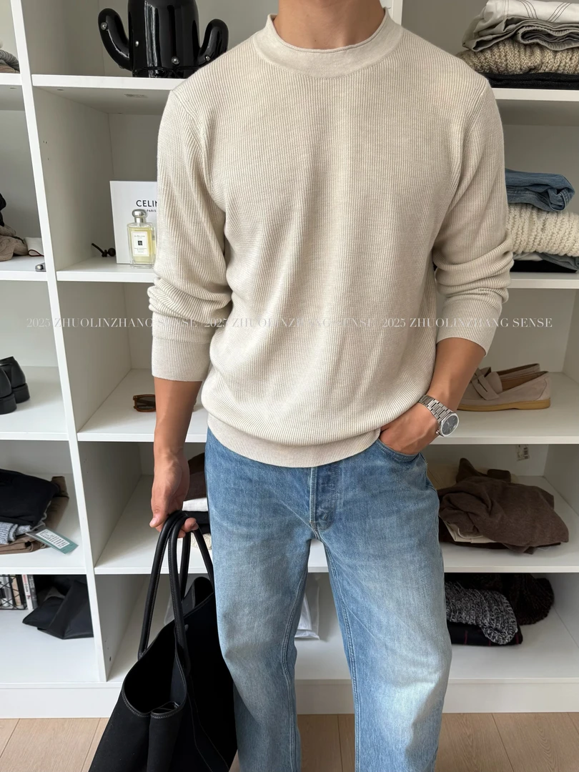 ZHUOLINZHANG / 7针羊毛花纱新贵老钱松弛柔软极简圆领长袖针织衫