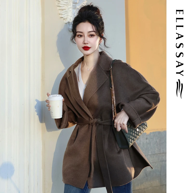 ELLASSAY歌力思秋冬新款绵羊毛双面呢复古小个子大衣EWB343D01500