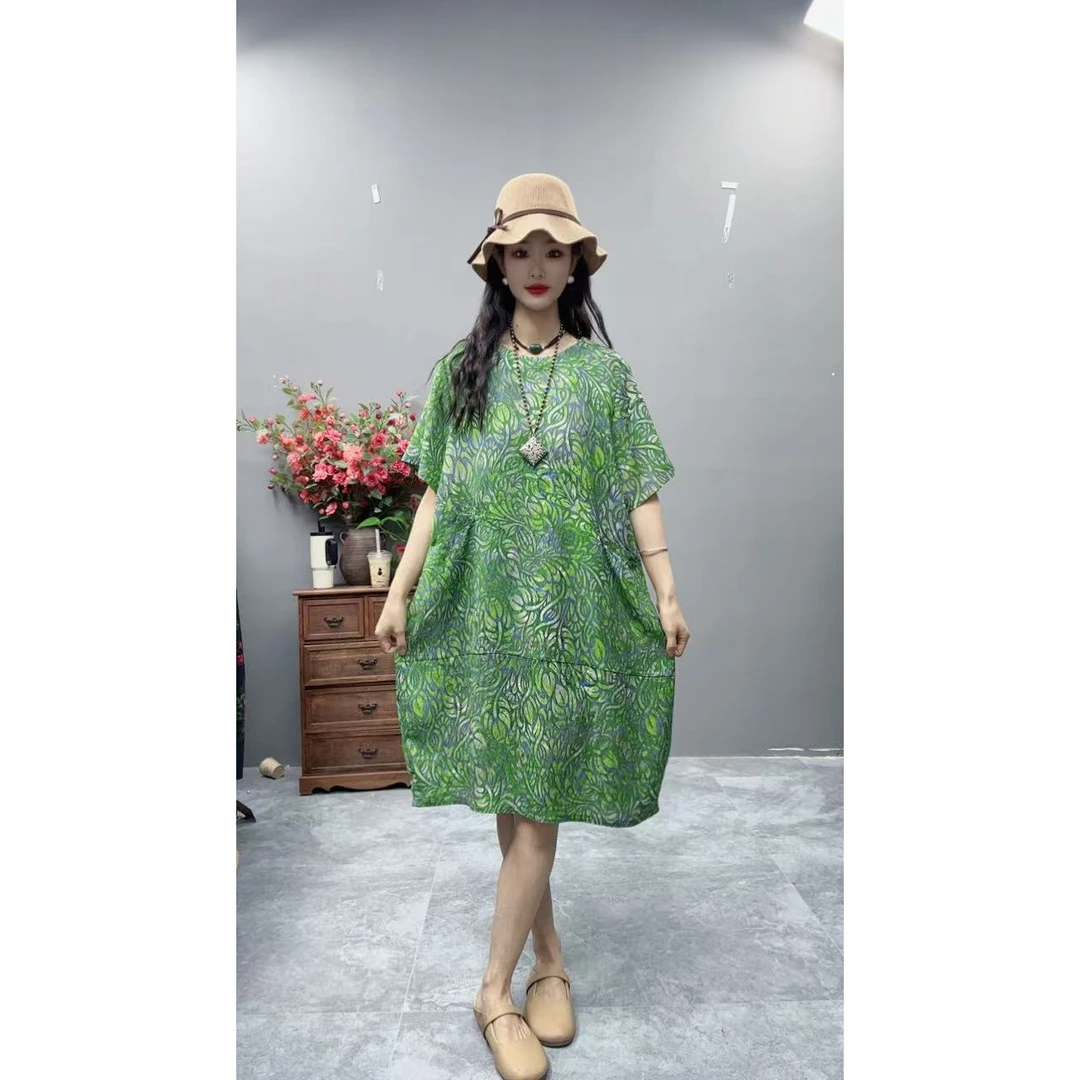 5200夏季新款短袖宽松韩版休闲显瘦时尚短款复古女装连衣裙妈妈装