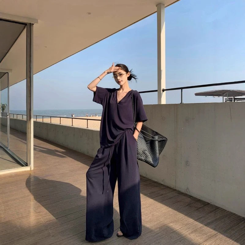 宽松慵懒v领休闲套装垂感亲肤显瘦阔腿裤休闲裤两件套装女装