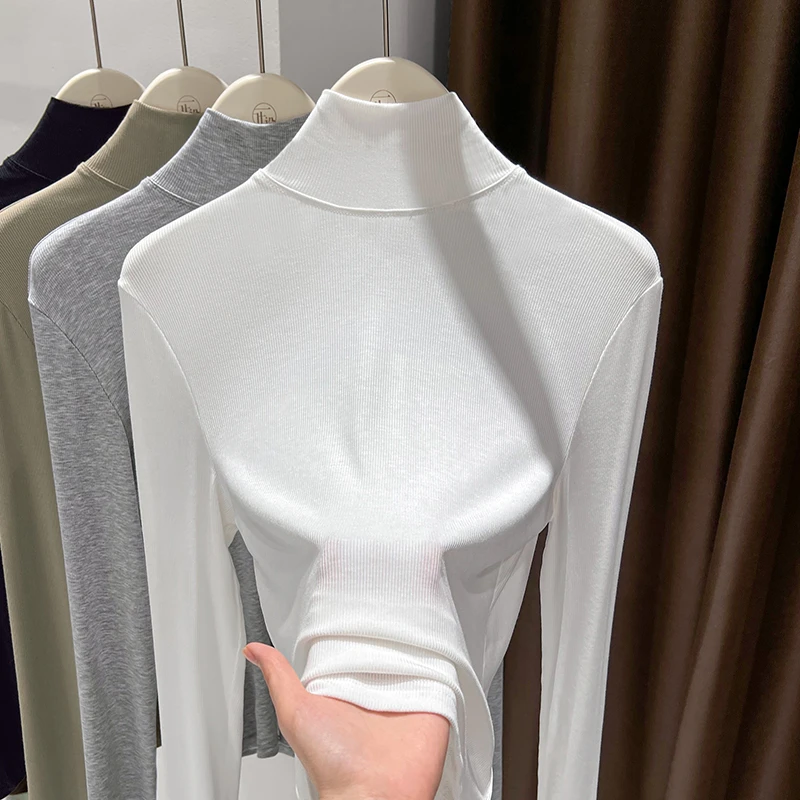 半高领白色修身打底衫女薄款内搭正肩长袖T恤春秋可外穿休闲上衣