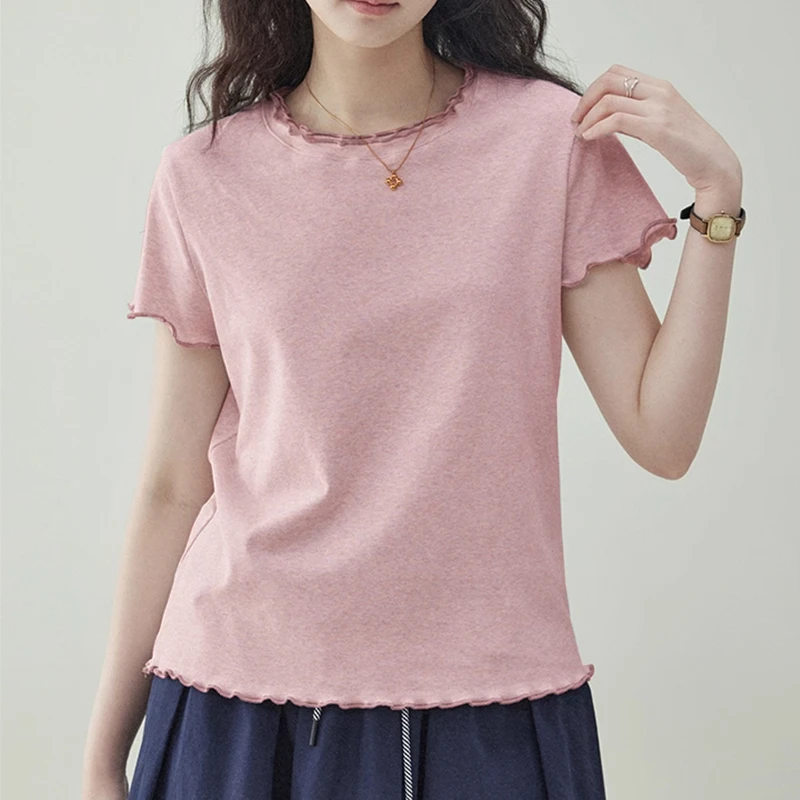 双层木耳边短袖T恤夏季法式甜美设计感老钱风气质彩点小花边上衣