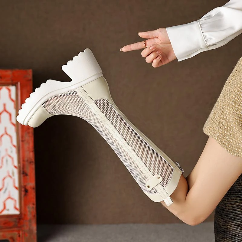 镂空长筒网靴女2025新款白色粗高跟长靴夏薄款厚底凉靴网纱高筒靴