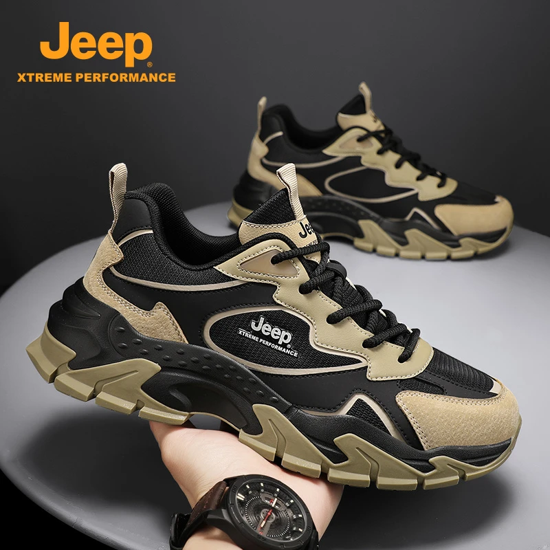 JEEP吉普男士老爹鞋2025新款网面透气休闲鞋厚底耐磨真皮运动男鞋