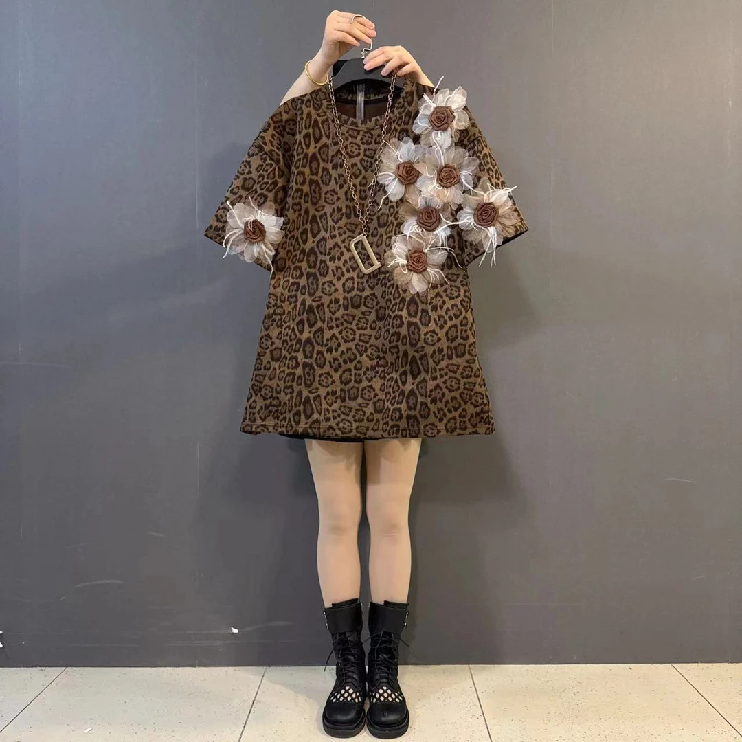 重工立体花朵T恤胖MM洋气豹纹半袖
