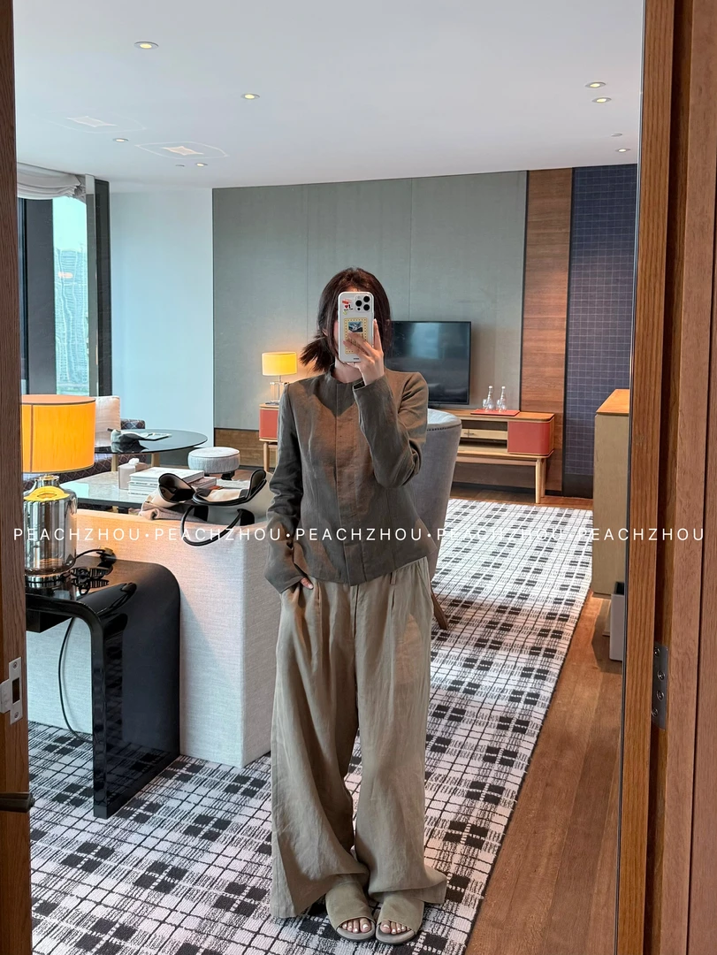 『PEACHZHOU』100亚麻收腰暗门襟短款修身外套休闲通勤高智感夹克女