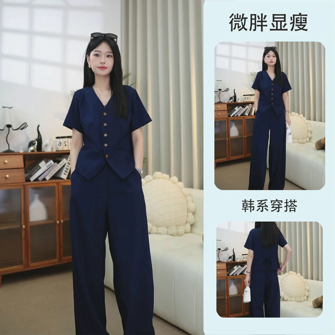大码慵懒风休闲套装女夏款V领短袖衬衫高腰宽松阔腿裤减龄两件套