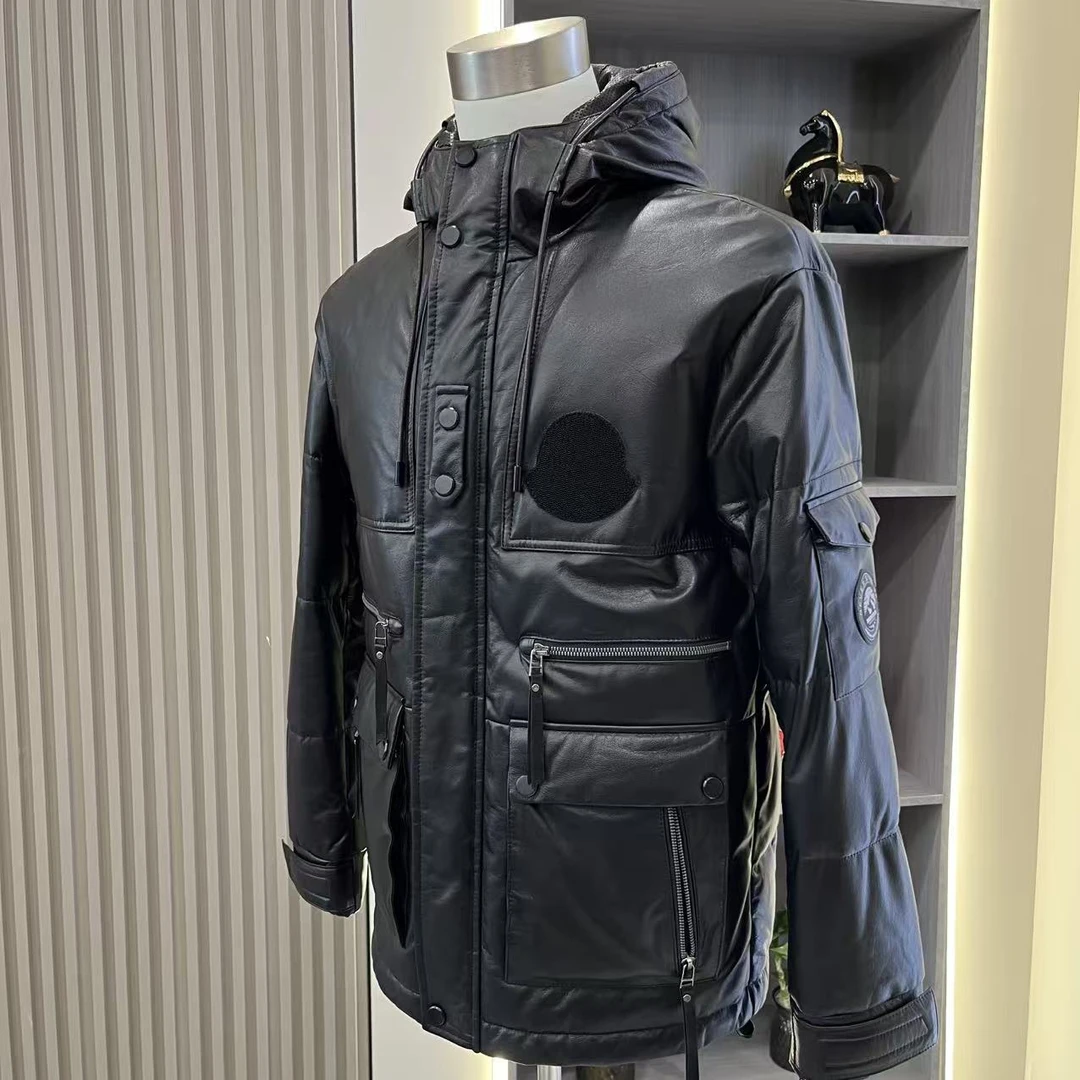 反季淘 头胎牛皮连帽鹅绒服皮衣外套男