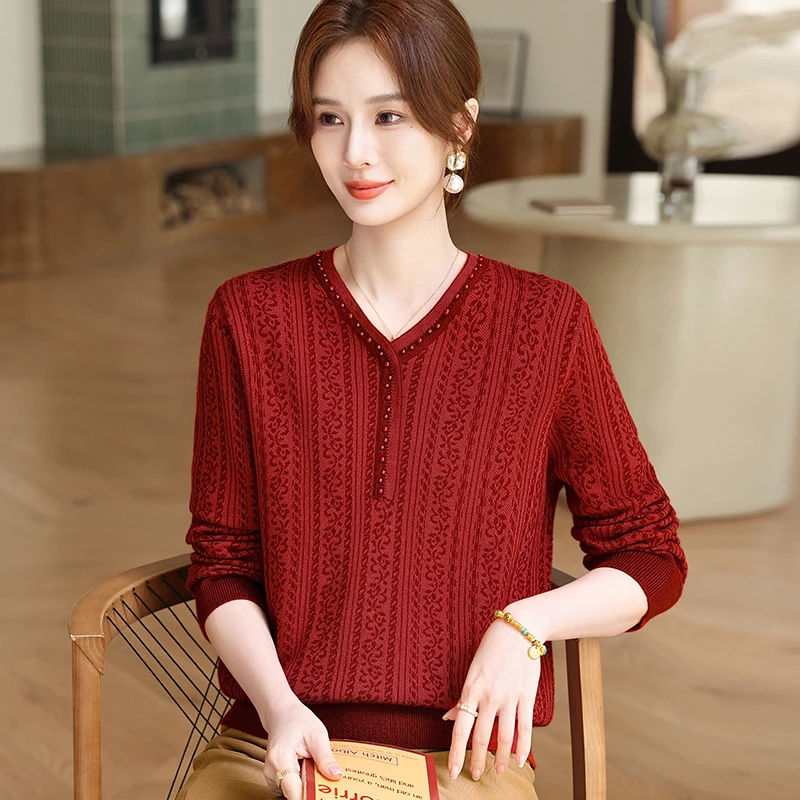 妈妈装薄小衫女v领针织衫中老年人女装毛衣宽松时尚洋气休闲上衣
