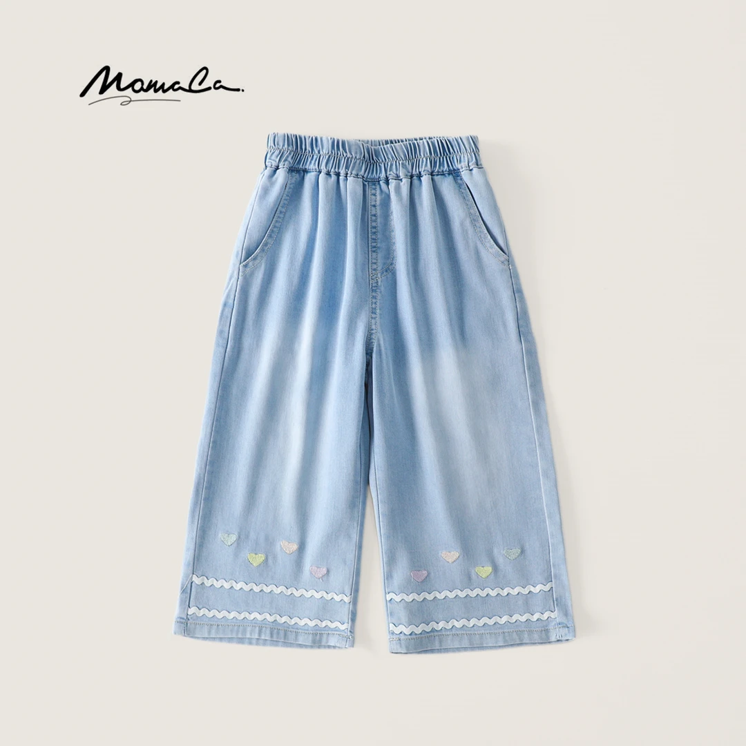 MOMOCO夏季女童绣花爱心甜美牛仔裤童装百搭休闲裤77630350004