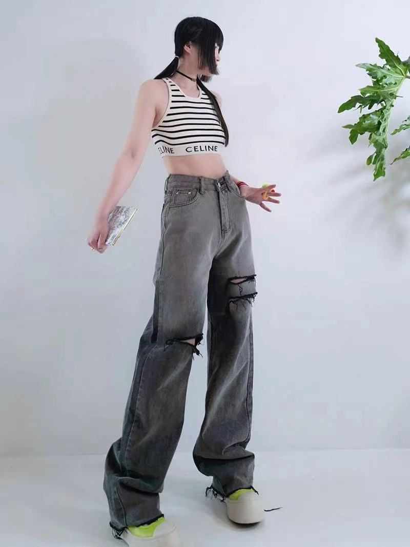 渐变色破洞牛仔裤女春夏新款高腰显瘦拖地直筒阔腿长裤