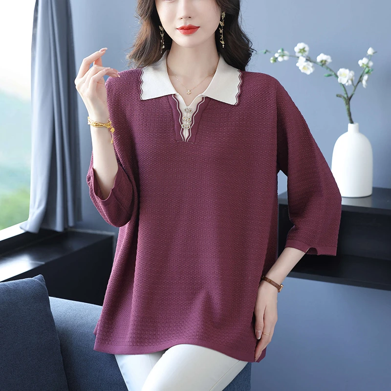 娃娃领上衣时尚撞色A字版七分袖t恤好看洋气大码女装宽松显瘦夏装