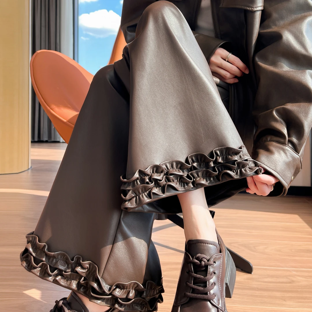 美拉德咖色pu皮裤女秋冬新款高腰显瘦遮肉小个子木耳边休闲阔腿裤