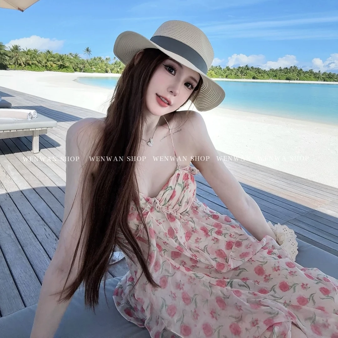 【窈窕精】碎花温柔风露背开叉沙滩裙海边度假超仙连衣裙