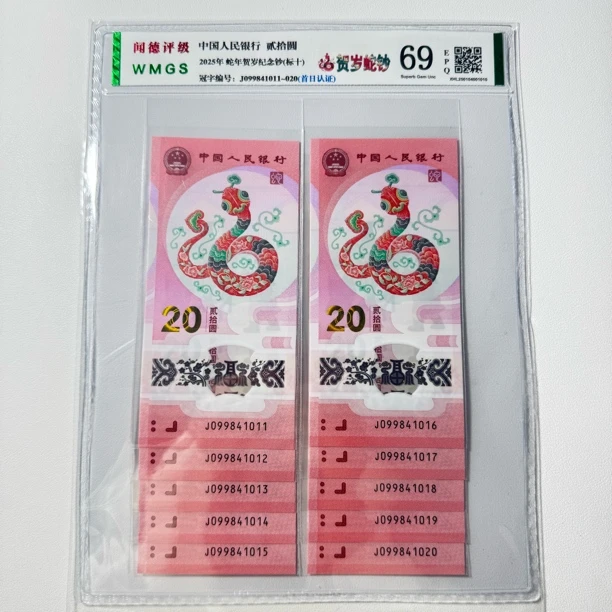 现货2025蛇年生肖纪念钞标准十连蛇钞标十评级封装【首日发巳蛇标】